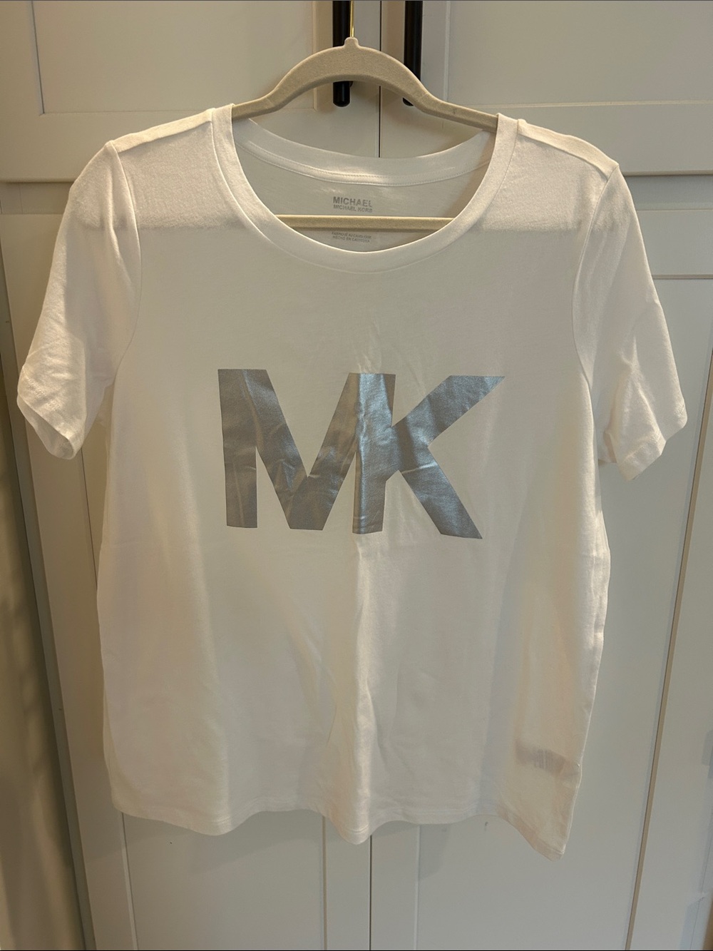 Michael Kors White Tee with Metallic Silver MK Graphic
